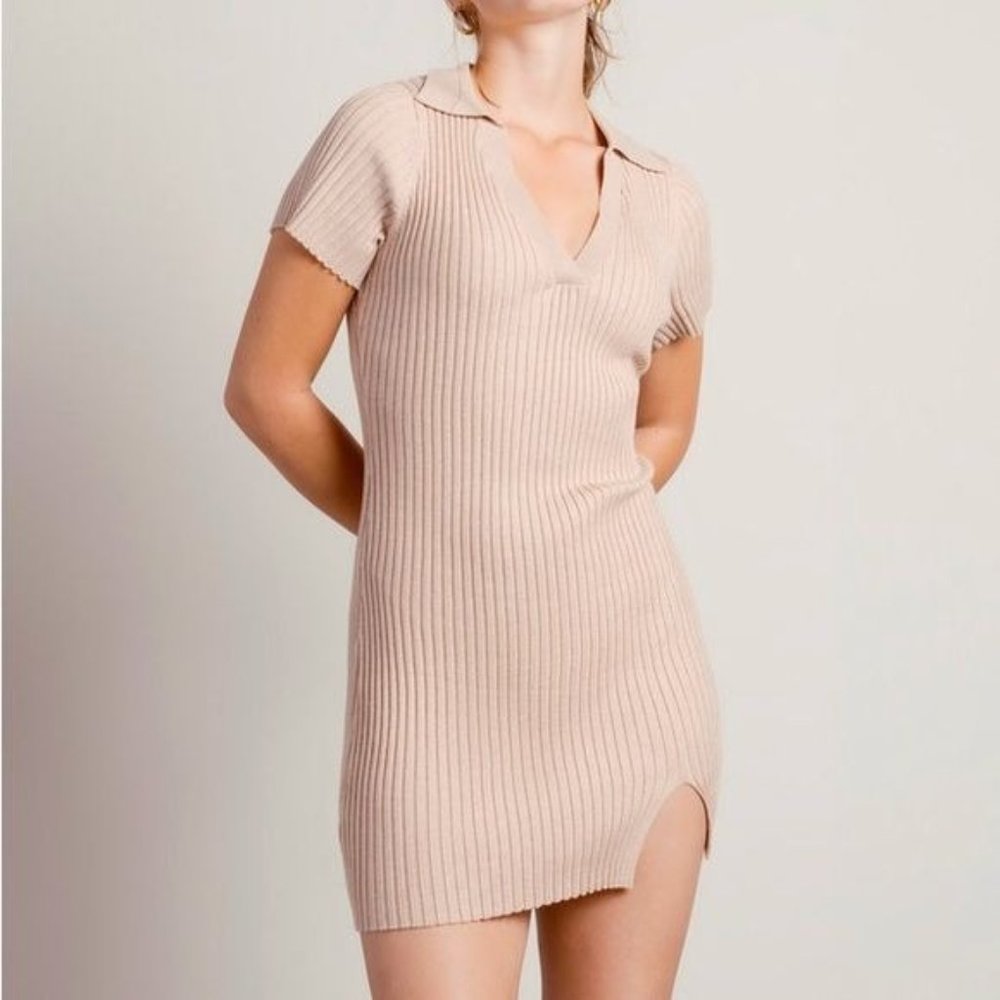 LE LIS Ribbed Knit Bodycon Sweater Dress Tan Cream Womens Medium